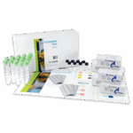 A pond water testing kit, "Pondwater Tour - 5975" by LaMotte, includes green-capped test tubes, bottles, reagent tablets in blister packs, color charts, and a white box labeled “Pondwater Tour.”.