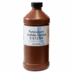 A brown plastic bottle with a black cap labeled Potassium Iodide-Iodate 0.0125N for chemical tests, produced by LaMotte.