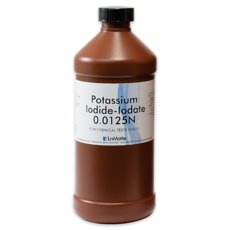 A brown plastic bottle with a black cap labeled Potassium Iodide-Iodate 0.0125N for chemical tests, produced by LaMotte.