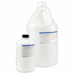 Two white plastic chemical bottles with labels, one large with a handle and screw cap, and one smaller with a black cap. The labels indicate they contain sulfuric acid. The background is plain white.