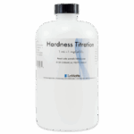 A white plastic bottle labeled Hardness Titration with instructions and the LaMotte logo. The text notes that 1 mL equals 1 mg CaCO₃ and specifies the product is for chemical tests only.