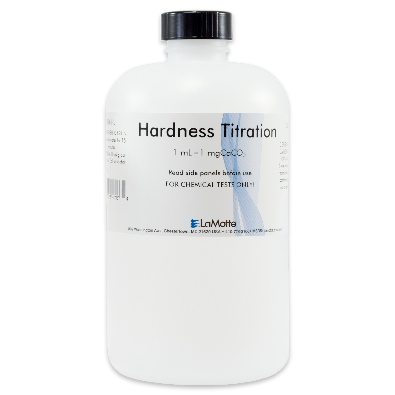 A white plastic bottle labeled Hardness Titration with instructions and the LaMotte logo. The text notes that 1 mL equals 1 mg CaCO₃ and specifies the product is for chemical tests only.