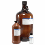 Three brown laboratory bottles of different sizes with white and blue labels are arranged together on a plain white background. The largest bottle has a handle and a black cap.