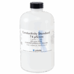 A white plastic bottle labeled Conductivity Standard 74 µS/cm, including 0.0005M potassium chloride and For Chemical Tests Only, made by LaMotte; part of the Conductivity TDS Solutions 6419-L series.