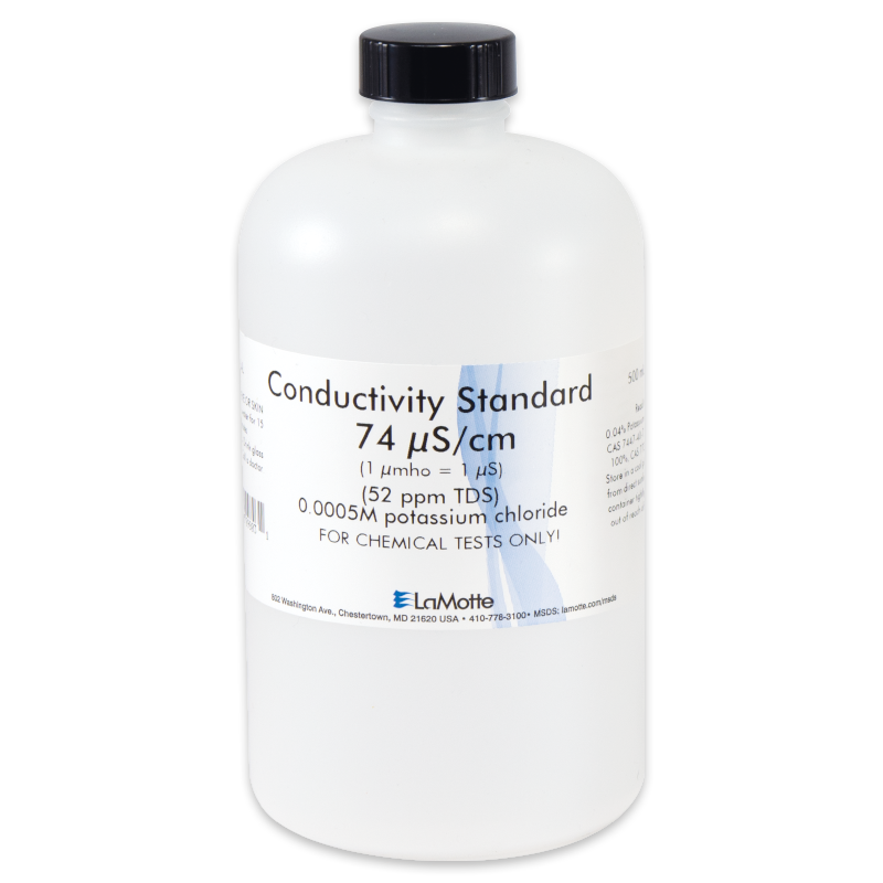 A white plastic bottle labeled Conductivity Standard 74 µS/cm, including 0.0005M potassium chloride and For Chemical Tests Only, made by LaMotte; part of the Conductivity TDS Solutions 6419-L series.