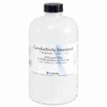 A white plastic bottle labeled Conductivity Standard 718 µS/cm (503 ppm TDS) 0.005M potassium chloride from LaMotte, black cap, for chemical tests only—part of the Conductivity TDS Solutions 6417-L range.