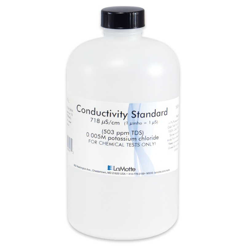 A white plastic bottle labeled Conductivity Standard 718 µS/cm (503 ppm TDS) 0.005M potassium chloride from LaMotte, black cap, for chemical tests only—part of the Conductivity TDS Solutions 6417-L range.