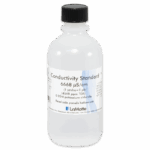 A clear plastic bottle labeled Conductivity TDS Solutions 6418-L Conductivity Standard 6668 µS/cm from LaMotte, containing 0.05M potassium chloride solution, with measurement details and usage instructions on the white label.