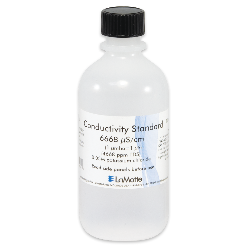 A clear plastic bottle labeled Conductivity TDS Solutions 6418-L Conductivity Standard 6668 µS/cm from LaMotte, containing 0.05M potassium chloride solution, with measurement details and usage instructions on the white label.