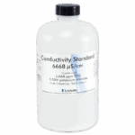 A clear plastic bottle labeled Conductivity Standard 6668 µS/cm (0.05M potassium chloride) for chemical tests only, with a black cap, produced by LaMotte and compatible with Conductivity TDS Solutions 6418-L.