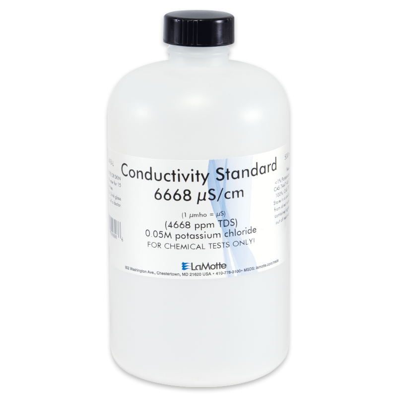A clear plastic bottle labeled Conductivity Standard 6668 µS/cm (0.05M potassium chloride) for chemical tests only, with a black cap, produced by LaMotte and compatible with Conductivity TDS Solutions 6418-L.