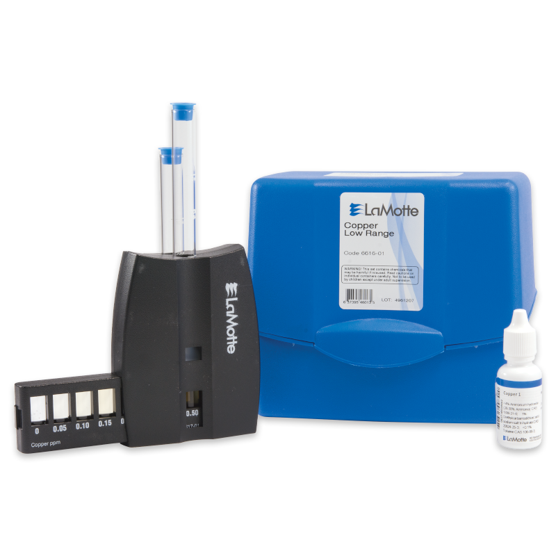 The Copper Test Kit - 6616-01 features a blue carrying case, two test tubes, a black comparator block, a bottle of test solution, and a color comparison chart for accurate low-range copper testing.
