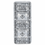 A silver foil packet labeled Calcium Hardness, with hazard symbols, warnings, and manufacturer details—including LeMotte TesTabs—contains tablets designed for accurate calcium hardness water testing.