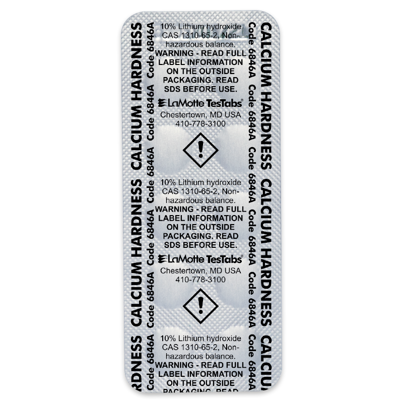 A silver foil packet labeled Calcium Hardness, with hazard symbols, warnings, and manufacturer details—including LeMotte TesTabs—contains tablets designed for accurate calcium hardness water testing.