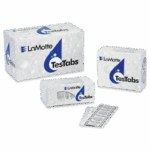 Three boxes of LaMotte TesTabs water testing tablets, including Chlorine DPD #4 RAPID, are displayed with a blister pack. The white packaging features water droplet designs and a blue logo with a large water drop.