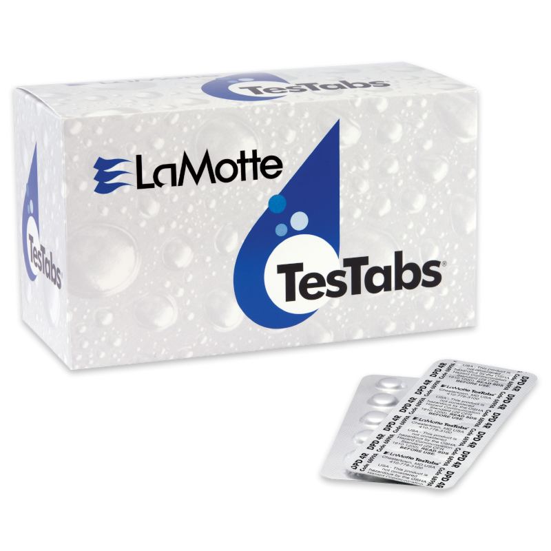 A box labeled LaMotte TesTabs with a blue and white design sits behind a blister pack containing round Chlorine DPD #4 RAPID tablets. The background of the box features water droplets.