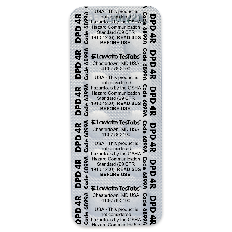 A blister pack labeled “DPD 4R,” featuring LaMotte TesTabs Chlorine DPD #4 RAPID, with safety information, contact details, and manufacturing codes printed in black on the silver packaging. No tablets are visible.
