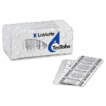 A box labeled LaMotte TesTabs with a blue drop logo next to a blister pack containing six round tablets, used for pH (Phenol Red) water testing. The white box features water droplet patterns for a clean look.