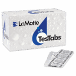 A white box labeled LaMotte TesTabs with a blue water drop logo sits next to a blister pack of pH (Phenol Red) tablets on a white background.