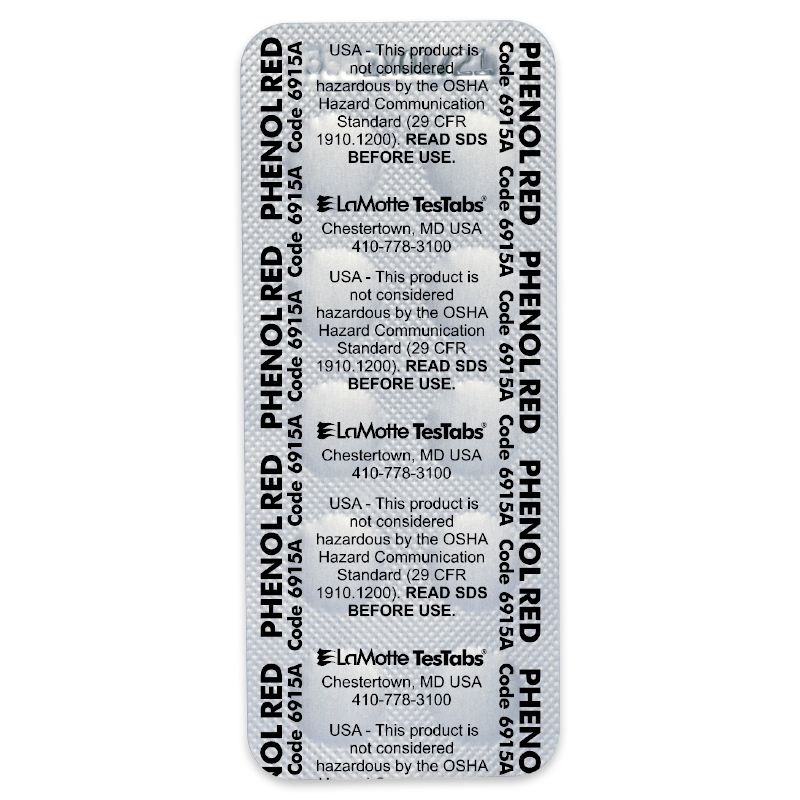 A blister pack labeled PHENOL RED with OSHA hazard warnings, LaMotte TesTabs branding, pH (Phenol Red) Tablets - 6915A, and contact details for Chestertown, MD, USA.