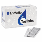 A box labeled LaMotte TesTabs with water droplet graphics, next to a blister pack containing several round Chlorine DPD #1 RAPID tablets.