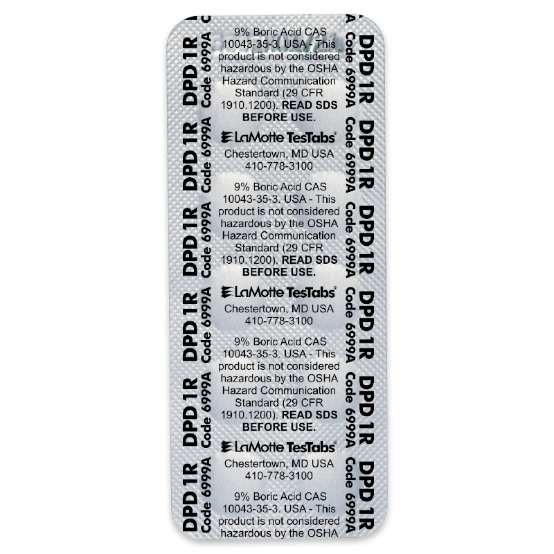 Silver blister pack labeled “DPD 1R” with safety information about boric acid and Chlorine DPD #1 RAPID, manufacturer details for LaMotte TestTabs, and handling warnings printed in black text. No tablets are visible.