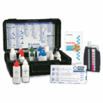 The POOL MGR. PRO 250 Test Kit - 7001-NJ-01 by LaMotte includes reagent bottles, a color comparator, instruction booklet, and test record chart, all neatly organized in a sleek black carrying case.