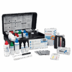 The Model PRO250 PLUS-NJ PRO 250 Series Test Kit includes bottles, test tubes, instructions, color charts, a brush, and tablets—all neatly arranged in and around a black carrying case for pool water testing.