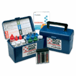 A DL-51 DipCell Test Kit - 7013, labeled POOL MGR, features blue plastic cases with bottles of testing solutions, a color comparator, and a booklet. Both open and closed cases are shown to display the kit's contents.