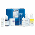 A Polyquat Test Kit - 7056-01 featuring labeled bottles, an indicator, a test tube, a color chart, and a blue carrying case, all arranged neatly on a white background.