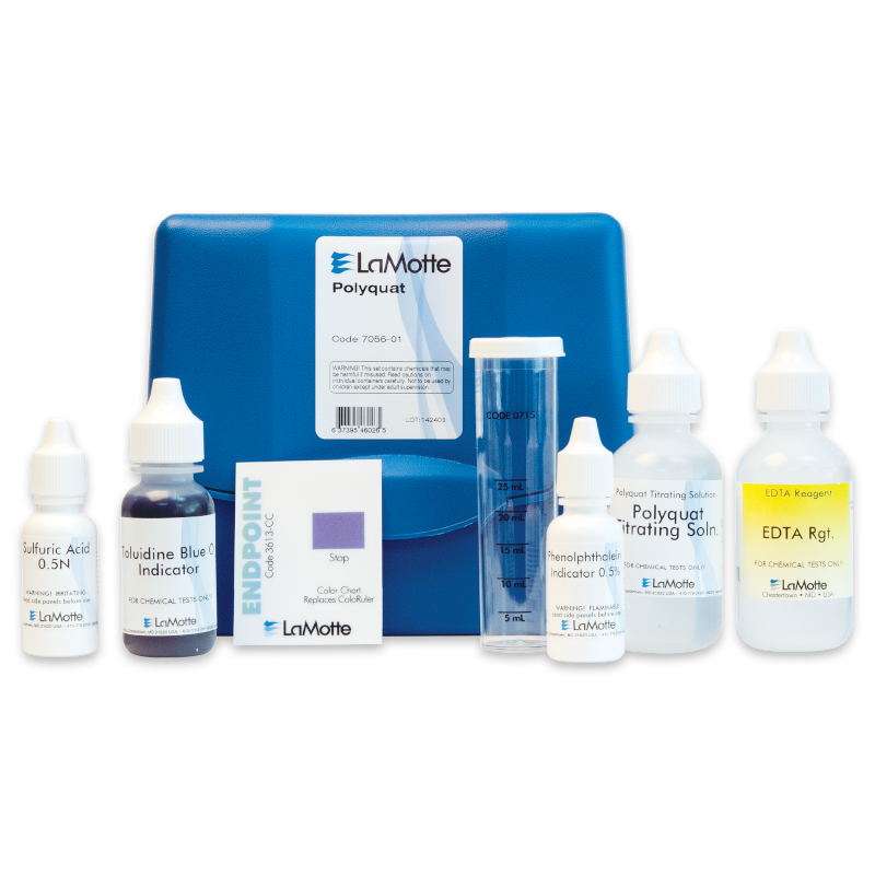 A Polyquat Test Kit - 7056-01 featuring labeled bottles, an indicator, a test tube, a color chart, and a blue carrying case, all arranged neatly on a white background.
