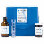 A blue Nitrite in Water Test Kit - 7101-01 case labeled Nitrite, DC, High Range with a brown glass bottle labeled Nitrite #1, a plastic measuring cylinder, and a small dark container labeled Nitrite #2.