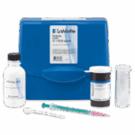 The Nitrite Test Kit - 7101-DR-01 features a blue case, a white bottle labeled Nitrite #2, nitrite reagent powder, a clear empty vial, and a green-tipped plastic syringe for accurate water testing.