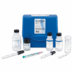 A blue LaMotte Chlorine Bleach Test Kit - 7105-03 case with bottles, droppers, a syringe, a stirring stick, and a clear sample container arranged in front, used for chemical analysis or water testing.