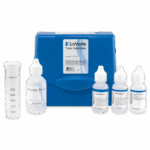 A LaMotte Total Hardness in Water Test Kit - 7171-02 features a blue case, clear test tube, Hardness Titrant bottle, and three dropper bottles labeled Hardness 5—all neatly arranged side by side.