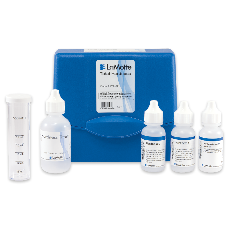 A LaMotte Total Hardness in Water Test Kit - 7171-02 features a blue case, clear test tube, Hardness Titrant bottle, and three dropper bottles labeled Hardness 5—all neatly arranged side by side.