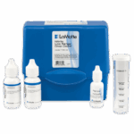 A blue plastic case labeled Low Range Nitrite Drop Test Kit - 7183-02 is shown with three reagent bottles and a clear plastic test tube marked with measurement lines in front of it.