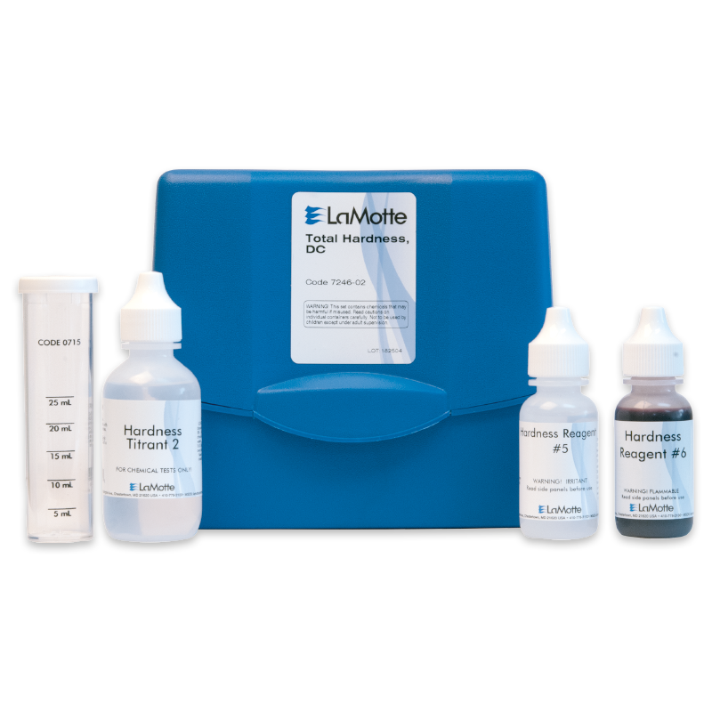 A blue LaMotte Total Hardness Test Kit - 7246-02 case is displayed with a measuring tube and three reagent bottles labeled “Hardness Titrant #2,” “Hardness Reagent #5,” and “Hardness Reagent #6” arranged in front of it.
