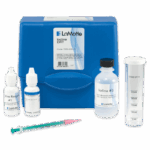 A blue LaMotte Iodine Test Kit - 7253-DR case with labeled bottles, a clear plastic measuring tube, a syringe, and small reagent containers neatly arranged in front.