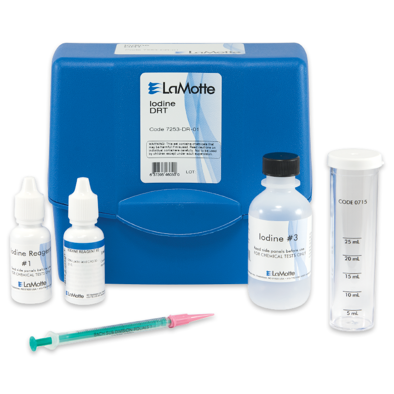 A blue LaMotte Iodine Test Kit - 7253-DR case with labeled bottles, a clear plastic measuring tube, a syringe, and small reagent containers neatly arranged in front.