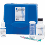 A blue Carbon Dioxide Test Kit - 7297-DR-01 by LaMotte features bottles labeled Phenolphthalein Indicator and Carbon Dioxide B, along with a graduated cylinder, small test tube, and syringe arranged in front of the case.