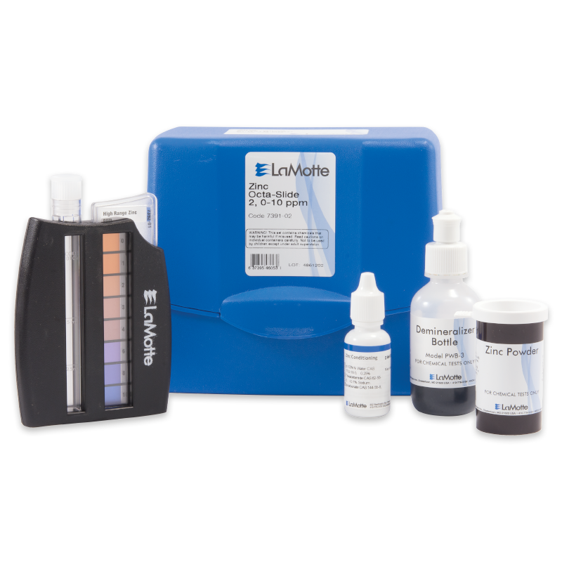A LaMotte Zinc Test Kit - 7391-02 includes a blue carrying case, color comparator, reagent bottles, dropper, and zinc powder container, all neatly arranged on a white surface.