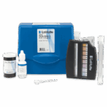 The Zinc Test Kit - 7417-02 features a blue case, test tubes, color comparison chart, zinc powder container, dropper bottle, and small white spoon for easy and accurate measurement of zinc levels in water.