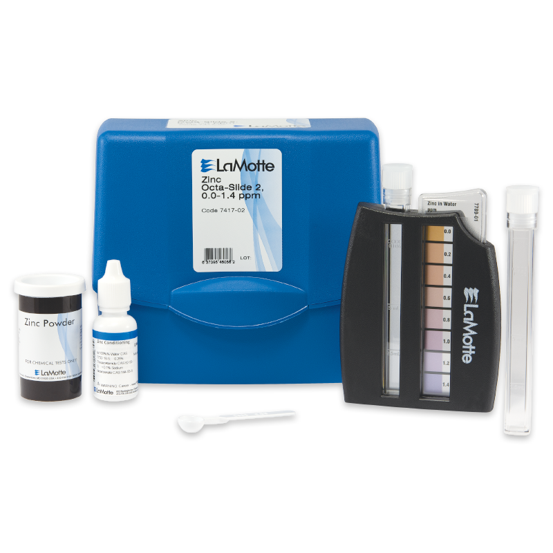 The Zinc Test Kit - 7417-02 features a blue case, test tubes, color comparison chart, zinc powder container, dropper bottle, and small white spoon for easy and accurate measurement of zinc levels in water.