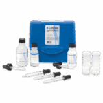 A blue Chlorine Bleach Test Kit - 7894-01 case with three bottles, labeled droppers, and two clear sample vials for chlorine bleach testing, displayed on a white background.