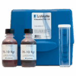 A LaMotte Caustic Test Kit Model TK-10 - 8225-01 with a blue carrying case, two TK-10 reagent bottles, and a clear plastic cylinder marked for measurement.