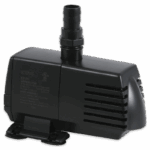 A black submersible water pump with a ribbed intake vent, a nozzle on top for hose attachment, and a flat base with mounting holes, is shown alongside the WaterLink Spin Touch DW Sales Demonstration Outfit - 4-3085 on a white background.