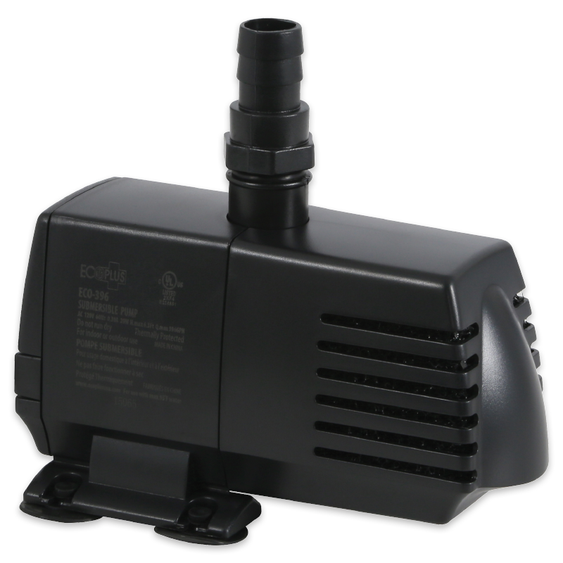 A black submersible water pump with a ribbed intake vent, a nozzle on top for hose attachment, and a flat base with mounting holes, is shown alongside the WaterLink Spin Touch DW Sales Demonstration Outfit - 4-3085 on a white background.