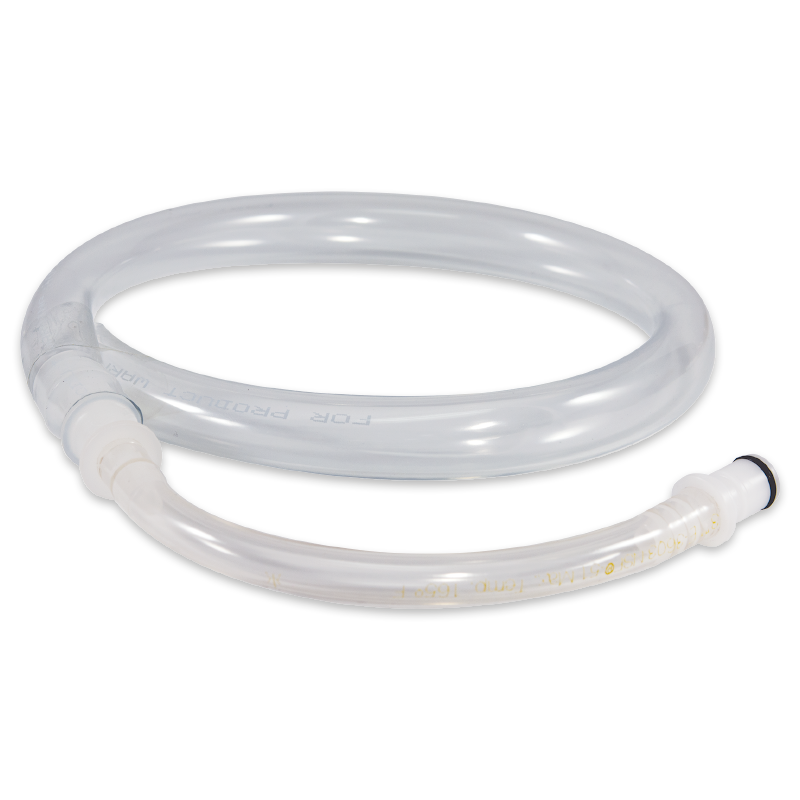 A coiled, transparent plastic tube with connectors on both ends, designed for use with the WaterLink Spin Touch DW Sales Demonstration Outfit - 4-3085, laying on a white background.