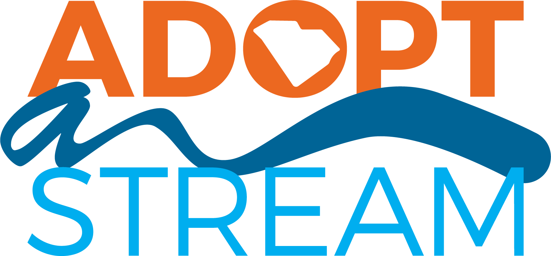 Logotipo con texto naranja en negrita ADOPT, una onda azul subrayando una letra azul a y texto azul grande STREAM. La letra O contiene un contorno en mapa blanco de Carolina del Sur. 